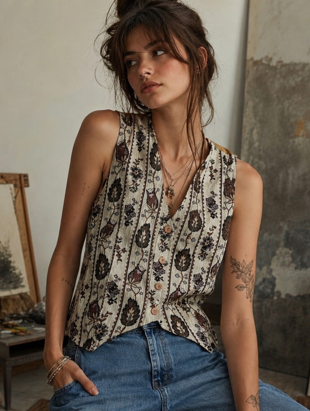 Vintage Cleo Petites Floral Tapestry Vest Size XS Button Up Artsy Academia 90s